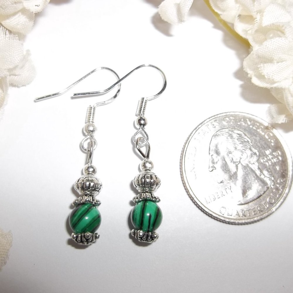 Green Malachite Style Beaded Earrings Small 5516 - Picture 2 of 5